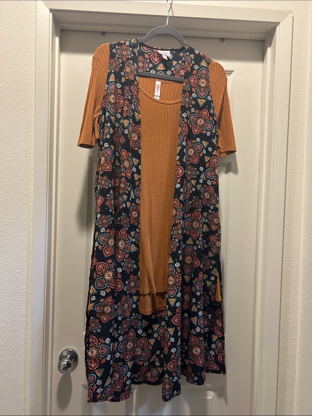 LuLaRoe Mustard Ribbed Long-Sleeve Dress with Black Multicolor Floral Duster